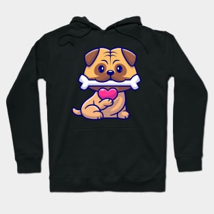 Cute Pug Dog Bite Bone And Holding Love Cartoon Hoodie